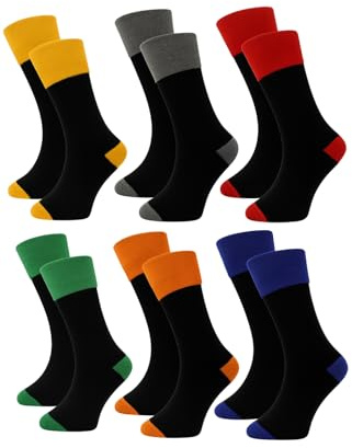 Non-Elastic Diabetic Men's Socks, 6 Pairs, Black with Coloured Trim, UK 6-11, Loose Fit, Gentle Grip, Soft Top, Cotton, Stretchy