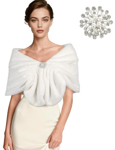 Minicoco Faux Fur Shawl Wrap for Women Winter Wedding Bridal Stole with Elegant Brooch, Bridesmaid Evening Cover Up, Fluffy White Fur Shawl for Wedding Dress, Cheongsam, Party, One Size