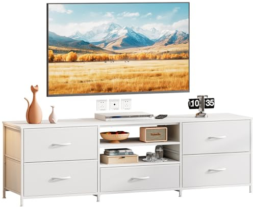 Forthcan TV Stand Cabinet, TV Unit TV Console Table with 5 Drawers Storage Organizers, Entertainment Center with Open Shelf for Living Room, Bedroom (White)