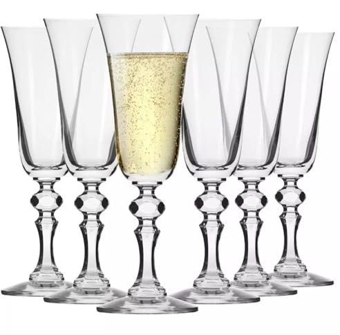 Krosno – Calici da Champagne 165 ml – Set da 6 Pezzi – Collezione Krista – Cristallo Senza Piombo – Design Elegante con Stelo Decorato