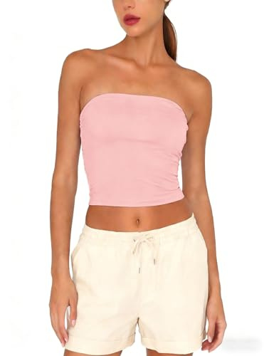 Women Tube Tops Strapless Crop Tops Basic Backless Sleeveless Going Out Outfits Clothes(Pink,S)