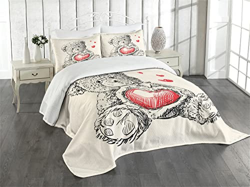 ABAKUHAUS Gekritzel Tagesdecke Set, Detaillierte Teddybär, Set mit Kissenbezug Moderne Designs, für Einzelbetten 170 x 220 cm, Holzkohle Orange Beige