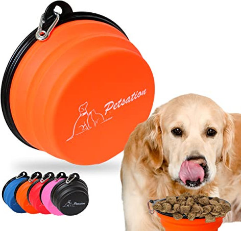 PETSATION – Cuenco Plegable para Perro [El Original] – Cuenco de Viaje, Bebedero y Cuenco para Agua para Perros –Ideal para Viajes, Paseos y Uso Diario – Ligero e Compacto (Naranja, 1000 + 350 ml)