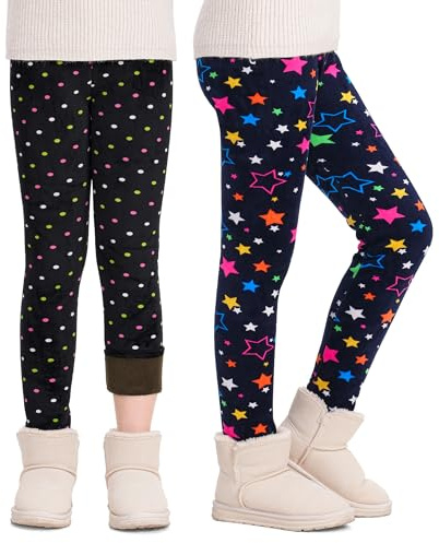 KEREDA Girls Fleece Lined Leggings Thermal Leggings Kids Cute Printed Warme Winter Pants Trousers 7-8 Years Pack of 2