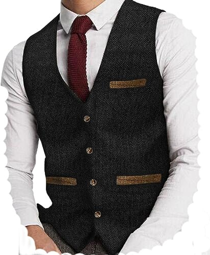 Yiaisafa Gilet de costume en tweed pour homme - Gilet de chasse à chevrons - Gilet vintage rétro en laine - Pour mariage marié - Taille S à 3XL, Noir , XXL