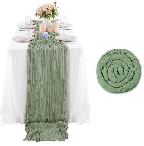 Chemins de Table en étamine Vert Sauge,90 x 400 cm Cheesecloth Tablerunner Chemin de Table Mariage Tissu de Gaze Rustique pour Mariage Vintage,Anniversaire,Baby Shower décoration de Table