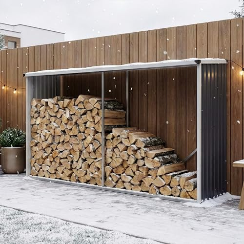 casa.pro Abri-Bûches Couvert Solide Support pour Bois de Chauffage Robuste Range-Bûches pour Stockage Extérieur du Bois en Acier Galvanisé 352 x 80 x 152 cm Anthracite