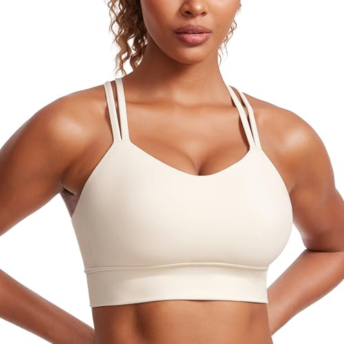 CRZ YOGA Softness Mold Butterluxe Strappy Longline Sports Bras for Women - Double Spaghetti Strap Workout Yoga Crop Top White Apricot Large