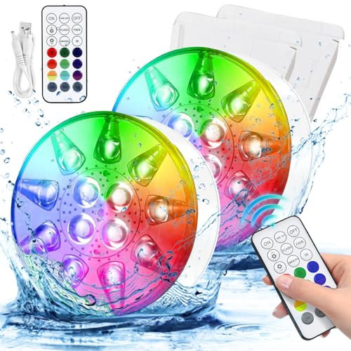 Poolbeleuchtung Unterwasser LED Licht Wiederaufladbare, Wasserdichte mit RF Fernbedienung, USB, Timer, RGB 13 LEDs für Pool Whirlpool Aquarium Teich Vase Party Beleuchtung (2er)