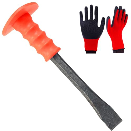 Masonry Chisel With Hand Guard and Work Gloves, 10 Inch Heavy Duty Flat End Rock Concrete Mortar Stone Chisel for Demolishing Carving Splitting Breaking Hounding