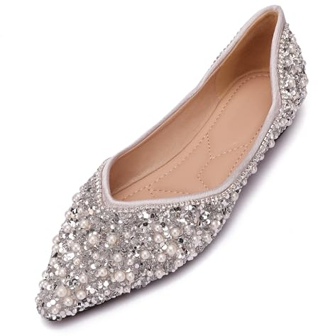 QXCXINGDY - Scarpe basse da donna con strass, punta affusolata, perla diamante, tacco basso, scarpe basse da cerimonia, da lavoro, da ballo, Argento, 42 EU