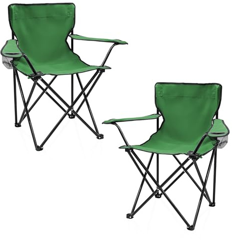Lot de 2 chaises de camping pliantes avec porte-gobelet - Vert - Chaise de camping pliable avec sac de transport - Chaise pliable pour festival, loisirs, jardin, pêche, charge maximale : 100 kg