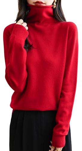 Chanyarn Femme 100% Lain Merino sans Couture Pull 2025 Automne Hiver Col Roulé Manches Longues Tricoté Pull (Red,L)