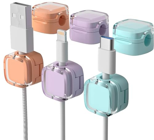 Yamobi Juego de 6 soportes magnéticos para cables, clips de cable autoadhesivos para escritorio y paredes, soporte de cable colorido para cables de carga, cables de audio