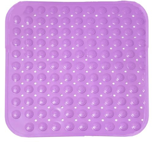 Tappetino per doccia, 48 x 48 cm, antiscivolo, quadrato, antiscivolo, con ganci per appendere e fori di drenaggio, viola