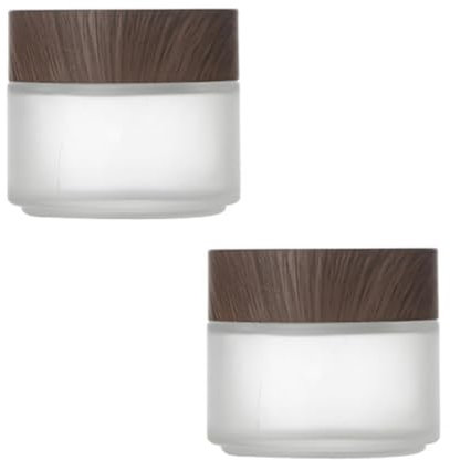 2 Pcs 100ml 3.4oz Round Frosted Glass Cream Jar Travel Containers Pot Straight Sided Storage Cosmetic Jars Containers with Inner Liners and Wood Grain appearance Lids for Cream Lotion Butter Spice