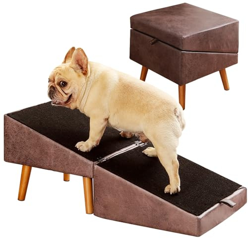 Dog Stairs for Small Dogs and Cats, Dog Ramp for Couch and Bed, Foldable 2-in-1 Wooden Pet Steps for Puppy, Split Ottoman Design（Brown）