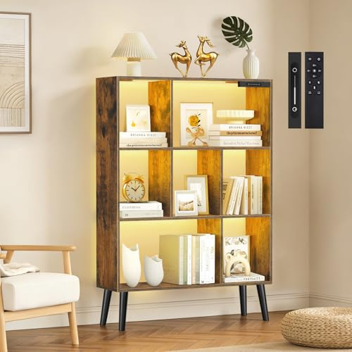 OUTONLIFE 7-Cube Bookshelf with LED Lights, Touch & Remote Control, Freestanding Open Bookcase Storage Shelf, Dimmable Modern Wooden Display Organizer with Legs for Living Room, Bedroom (Rustic Brown)