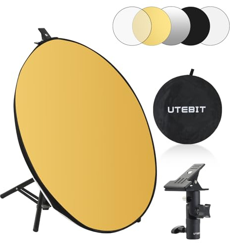UTEBIT Reflector de luz de 60 cm con abrazadera y funda de transporte, reflector redondo plegable 5 en 1 con soporte de 40-120 cm (translúcido/plata/oro/blanco/negro) para iluminación