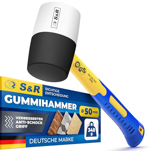 S&R Marteau Caoutchouc Noir/Blanc 50mm-340 Gr. Maillet en Caoutchouc sans rebonds professionnel manche en fibre de verre antidérapant. Marteau Carreleur pour pavés, carrelage, camping, certifié GS