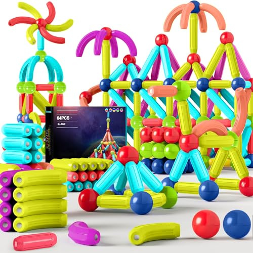 JUQG 64Pcs Giocattoli da Costruzione Magnetici, Giocattoli da Costruzione 3D, Blocchi Magnetici, Giocattoli Educativi per L'apprendimento Regalo per Ragazzi e Ragazze dai 3 agli 8 Anni (64Pcs)