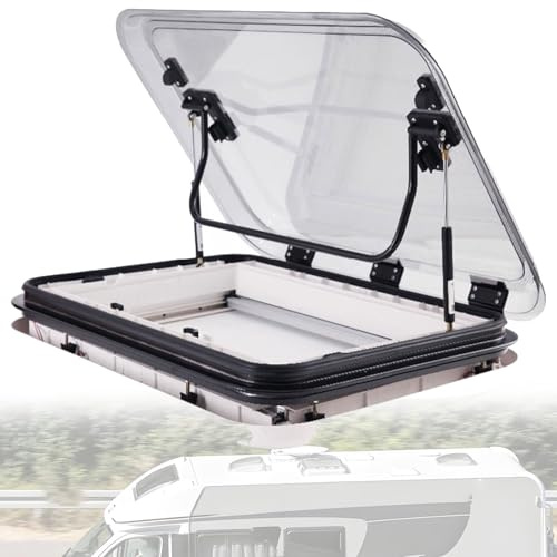 toit de caravane RV avec lumières LED, cadre en alliage d'aluminium, lanterneau de camping-car, angle d'ouverture de 70° avec pare-soleil et moustiquaire, couverture acrylique résistant 19.7x19.7Inch