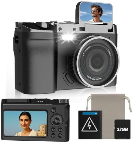 fceoul Cámara Digital 4K 64MP, Cámara Compacta Retro con Doble Pantalla y Flash, Batería de Larga Duración, Zoom 16X, Cámara de Fotos para Vlogging con Múltiples Modos (Tarjeta SD 32GB)