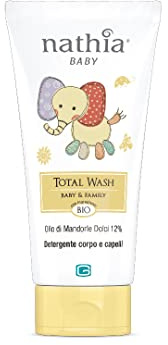 Nathia sapone detergente corpo e capelli per adulti e bambini. Con olio di mandorle dolci e estratti naturali. Idratante e lenitivo. Al profumo di talco.