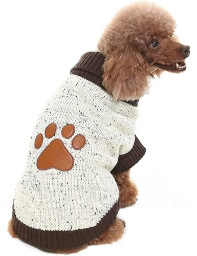 BINGPET Turtleneck Dog Jumper,Large Turtleneck Dog Sweater Brown Paw Pattern,Soft Sweater Coat,Puppy Cat Holiday Costume New Year Clothes Gift for Small Medium Large Dogs