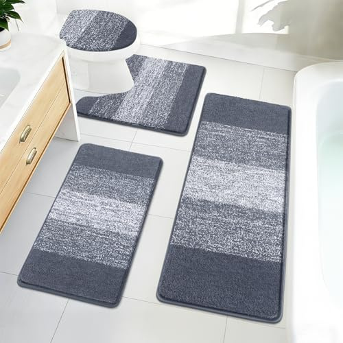 Bsmathom Badezimmerteppich-Set, 4-teilig, mit WC-Deckelbezug, rutschfeste Badteppiche für Badezimmer, Mikrofaser, zottelig, saugfähig, mit U-förmigem WC-Vorleger, Badezimmerteppich, blau