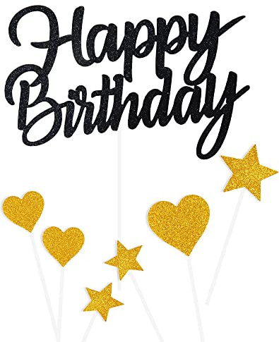Decoration Gateau Anniversaire, Noir Or Homme Femme, Décoration Gâteau, Topper Happy Birthday, Cupcake Topper, Decor Gâteau Happy Birthday Coeurs Étoiles pour Fête Anniversaire Fille Garcon