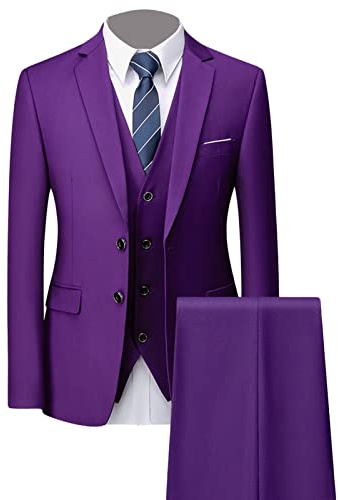 Ensemble de Costume 3 Pièces Slim pour Hommes Costumes de Smokings de Mariage Formels Solides à 2 Boutons Châle Revers Élégant Blazer de Fête Gilet Pantalon (Violet Foncé,5XL)