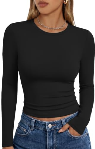 Trendy Queen Womens Long Sleeve T Shirts Fall Fashion 2026 Basic Sweatshirts Crop Tops Going Out Work Outfits Y2k Clothes Black XS
