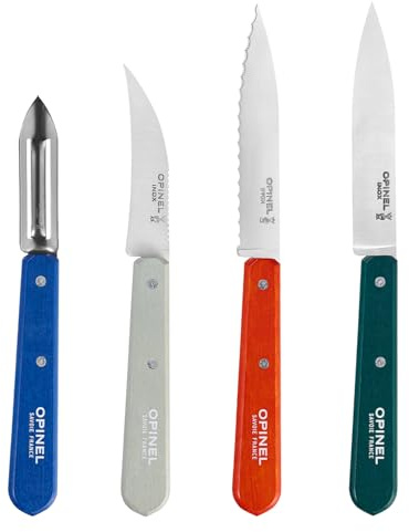 Opinel - Coffret de 4 Couteaux de Cuisine Les Essentiels Primo - N°112 Office, N°113 Cranté, N°114 Légumes, N°115 Éplucheur - Manche en Bois de Hêtre Verni