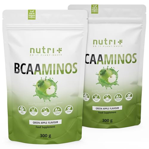 Nutri + BCAA Pulver Grüner Apfel 600g - Aminosäuren Komplex hochdosiert - BCAAs Instant Powder Vegan - BCAAminos Supplement - Green Apple Flavor - Aminosäurepräparat, Anzahl Der Teile: 2