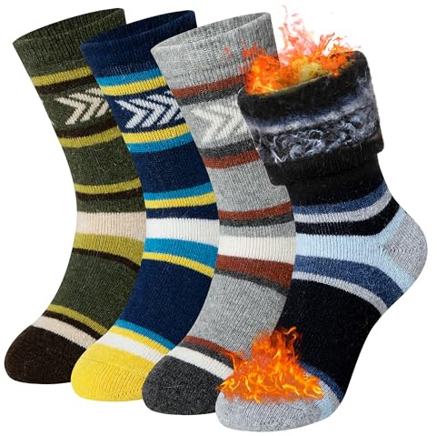 SeeyAN Kids Thermal Socks Merino Wool Ski Boot Winter Insulated Warm Hiking Thick Heated Socks For Boys Girls 4 Pairs (4 Pairs Stripe, 13-15 Years)
