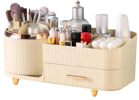 DASITON 360° Drehbarer Make up Organizer,Make up Pinselhalter mit Schubladen,Großer Kapazität Schminktisch Organizer,Kosmetik Aufbewahrung für Frisiertisch,Bad und Schlafzimmer(Creme)