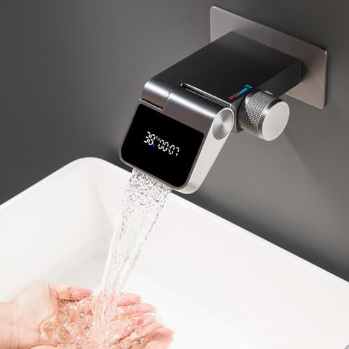 Wasserhahn Bad Wandmontage Anthrazit Faltbar 180° Waschtischarmatur Unterputz mit Temperaturanzeige Einzigen Handgriff Heiß und Kalt Mischbatterie für Badezimmer, Badewanne