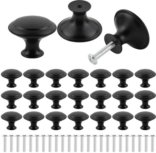 BREANIFULL 16 Pièces Noir Mat Tiroir de Porte,Boutons de Placard Noirs, 30mm Rond Bouton de Meuble,Rond Poignée Cuisine Noir avec Vis pour Meubles Tiroirs Armoires Portes Salle de Bains (16)