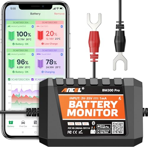 ANCEL BM300 Pro Battery Monitor - 6V/12V/24V Universal with Bluetooth 5.3 & Reinforced Design, Charging & Cranking Tests, Real-Time Alerts for Lead-Acid & Lithium Batteries in RV, Truck, Marine & More
