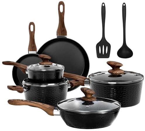DishDelight Induktion Töpfe Set Topf und Pfannenset 12-teilige Granit Schwarz Topfset Induktion Kochtopf Pfanne mit Deckel Bratpfanne