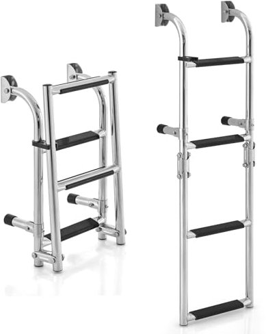 COSTWAY Escalera de Barco de 4 Escalones, Escalera Telescópica Plegable con Adaptador de Piso, Escalones de PVC Resistentes, de Acero Inoxidable para Muelle, Lado de la Piscina