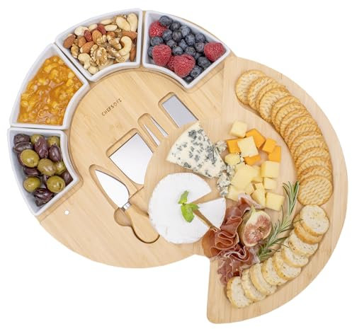 Juego de tabla de queso y plato para charcutería, hecho de madera de bambú, tabla de cortar de queso de 13 pulgadas patentada por Estados Unidos y cuchillo para entretener y servir, 4 cuchillos, 4