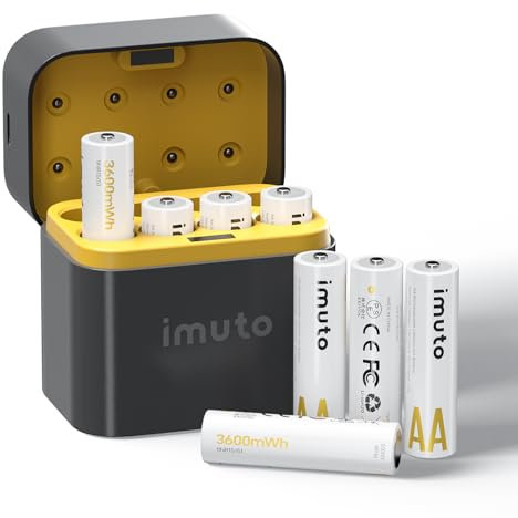 imuto Pilas Recargables AA 1,5 V 3600mWh Batería de Litio Alta Capacidad más de 1600 ciclos con Carga rápida Negra Cargador de Pantalla LED