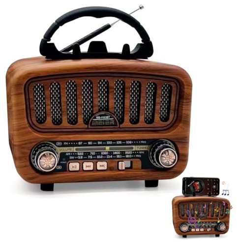 Radio rétro avec Bluetooth, Radio AM/FM/SW Portable avec Support pour téléphone Portable, Petite nostalgique avec Batterie 1800 mAh, Compatible avec Les Fonctions USB/TF/TWS (Marron)