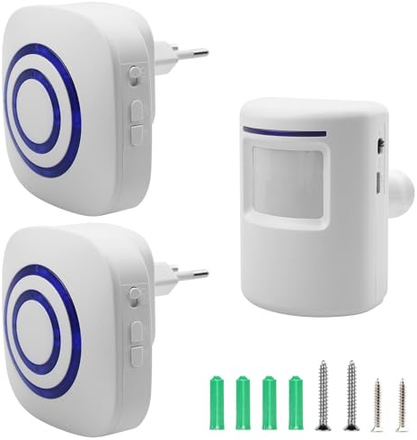 Alarma de paso inalámbrica, campana de carga, sistema de alarma inalámbrica con 2 receptores electrónicos plug-in, 1 detector de movimiento PIR, detector de paso, timbre de puerta, alarma inalámbrica