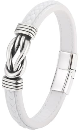 HUIANGLIYG Bracciale da Uomo in Vera Pelle con Nodo infinito, Semplice Bracciale intrecciato A Torsione, Braccialetto Punk Fatto A Mano, Regalo per Figlio, Nipote, Fidanzato, Marito, Fratello, Bianc
