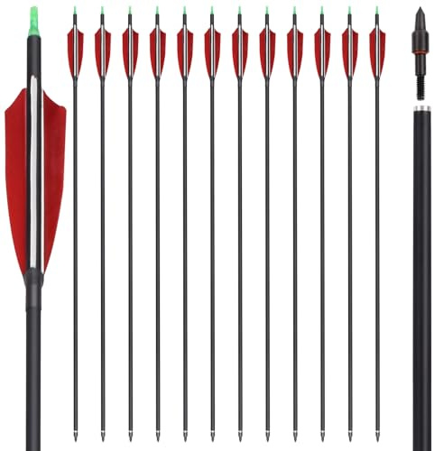 30 32 Inch Archery Carbon Arrows Spine 500 Hunting Arrows with Replaceable Broadhead Turkey Feathers for Recurve Bow Compound Bow Target Practice 6/12PCS