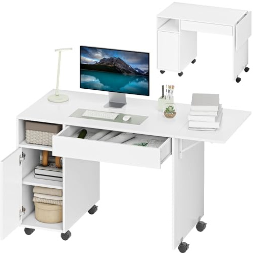 HOMCOM Bureau d'ordinateur Pliable 130 x 58 cm avec roulettes,Table Bureau avec Rangement, tiroir, Poste de Travail pour Petits espaces, Chambre, Salon, Blanc