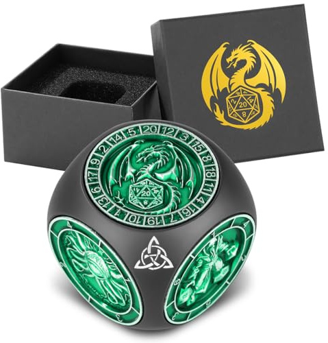 DND Fingertip Spinner Dice, 7-in-1 Metal Dice Set with 3D Pattern, Polyhedral Rotating Game Dice, for DND Gifts with Dragon Logo Gift Box, Role Playing Board Game Accessories, Black & Green